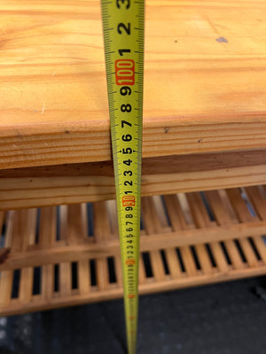 Oak-Coloured Wooden Workbench with Slatted Shelves — Fair Condition With General Wear – height measurement