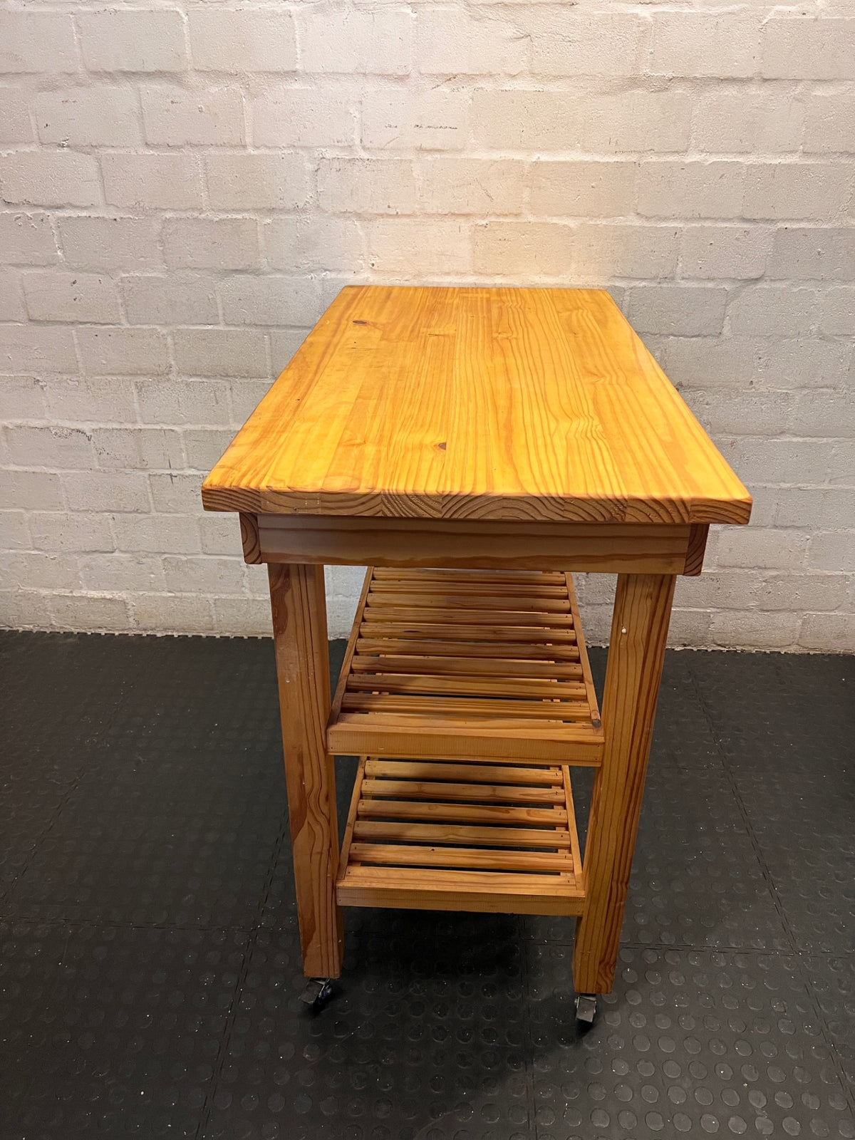 Oak-Coloured Wooden Workbench with Slatted Shelves — Fair Condition With General Wear – side view