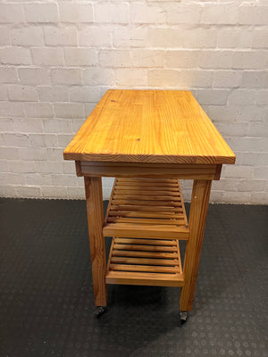 Oak-Coloured Wooden Workbench with Slatted Shelves — Fair Condition With General Wear – side view