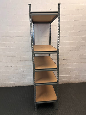 Grey Metal Industrial Shelving Unit with Wooden Shelves — Fair Condition with Visible Wear – back view