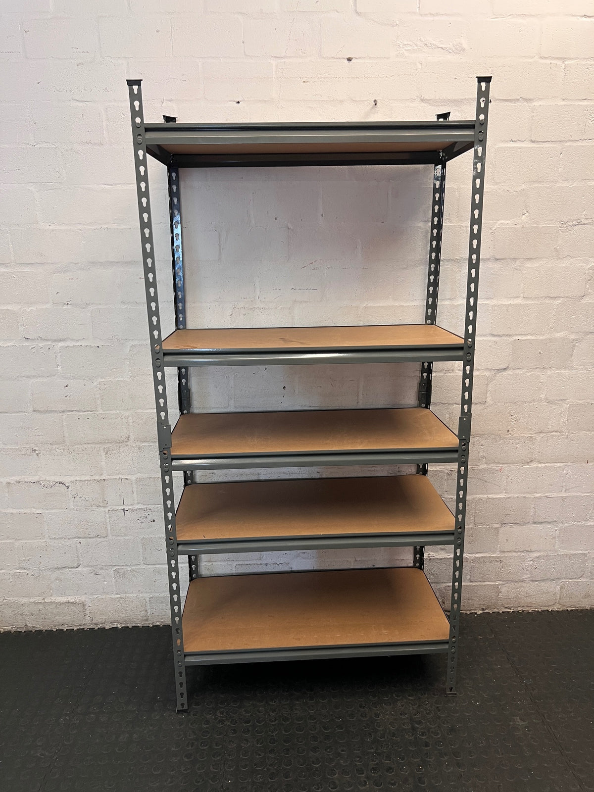 Grey Metal Industrial Shelving Unit with Wooden Shelves — Fair Condition with Visible Wear – condition detail