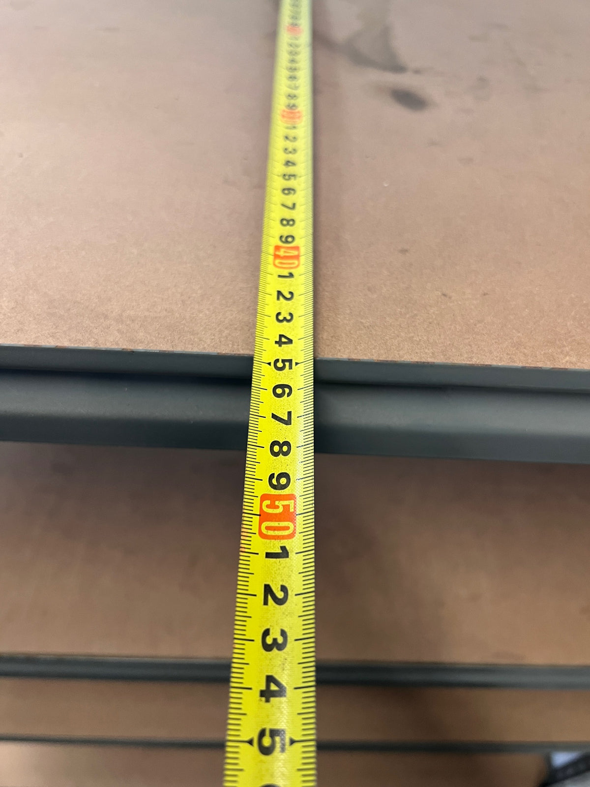 Grey Metal Industrial Shelving Unit with Wooden Shelves — Fair Condition with Visible Wear – depth measurement