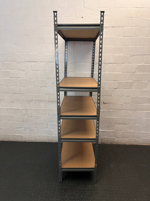 Grey Metal Industrial Shelving Unit with Wooden Shelves — Fair Condition with Visible Wear – side view