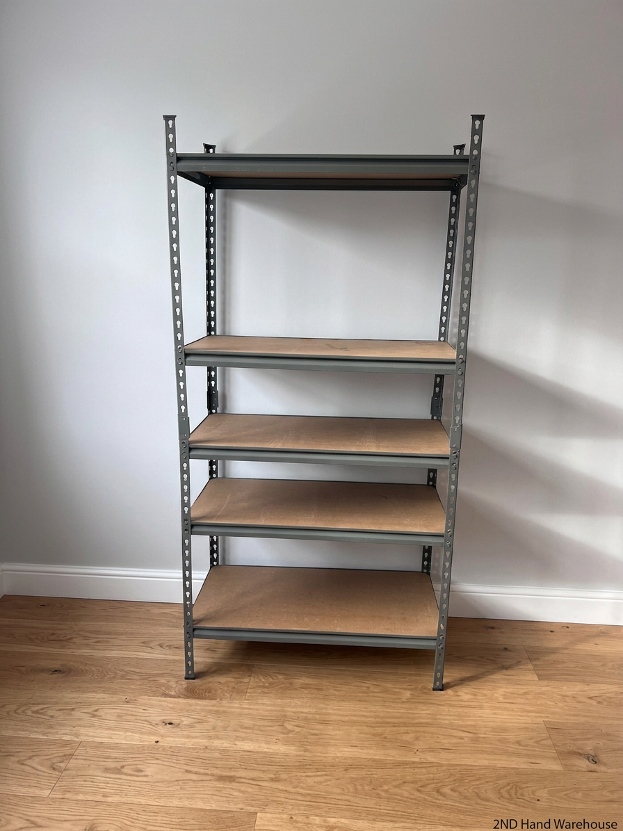 Grey Metal Industrial Shelving Unit with Wooden Shelves — Fair Condition with Visible Wear – styled product image