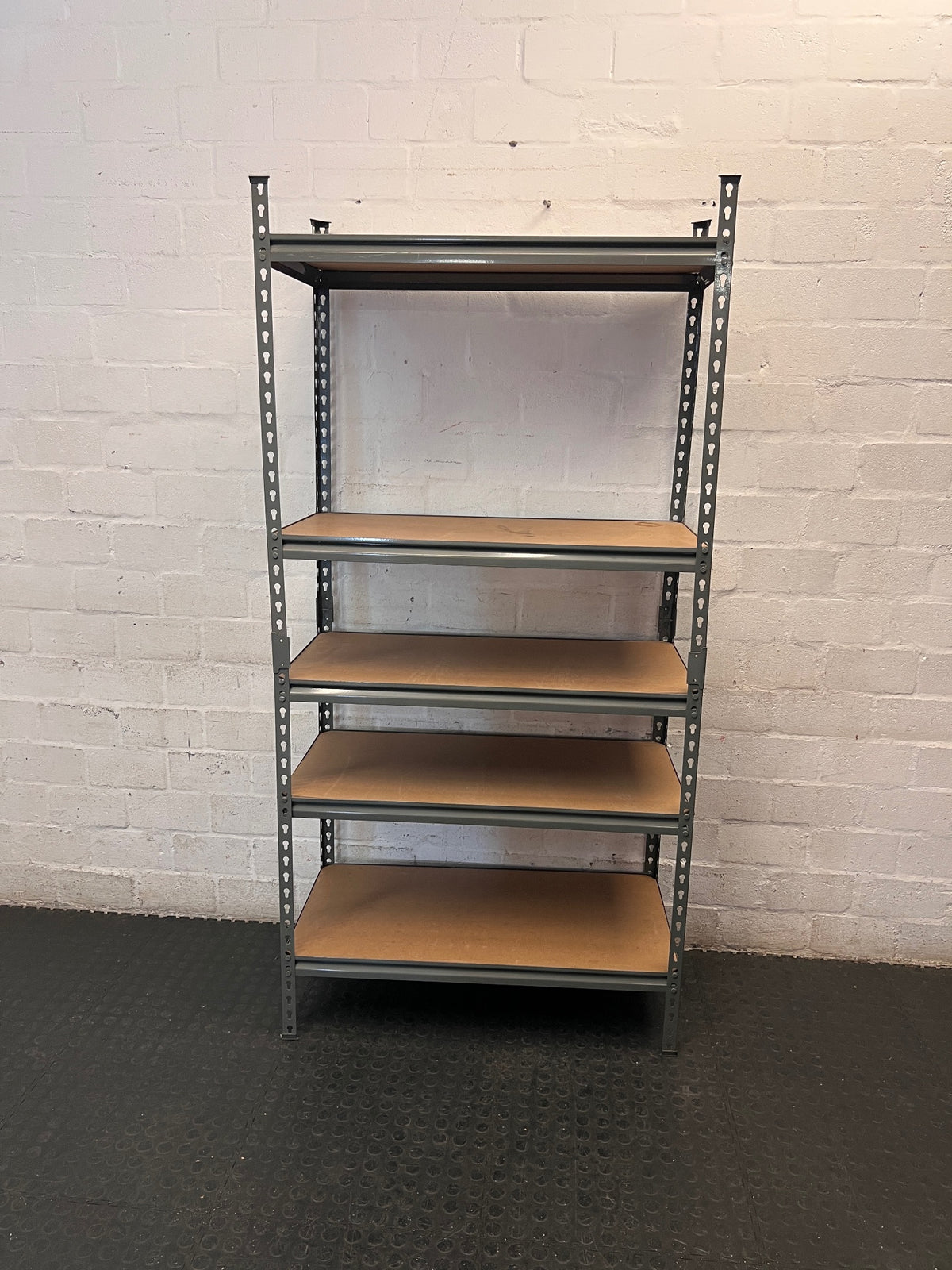 Grey Metal Industrial Shelving Unit with Wooden Shelves — Fair Condition with Visible Wear – top view