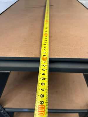 Grey Metal Industrial Shelving Unit with Wooden Shelves — Fair Condition with Visible Wear – width measurement