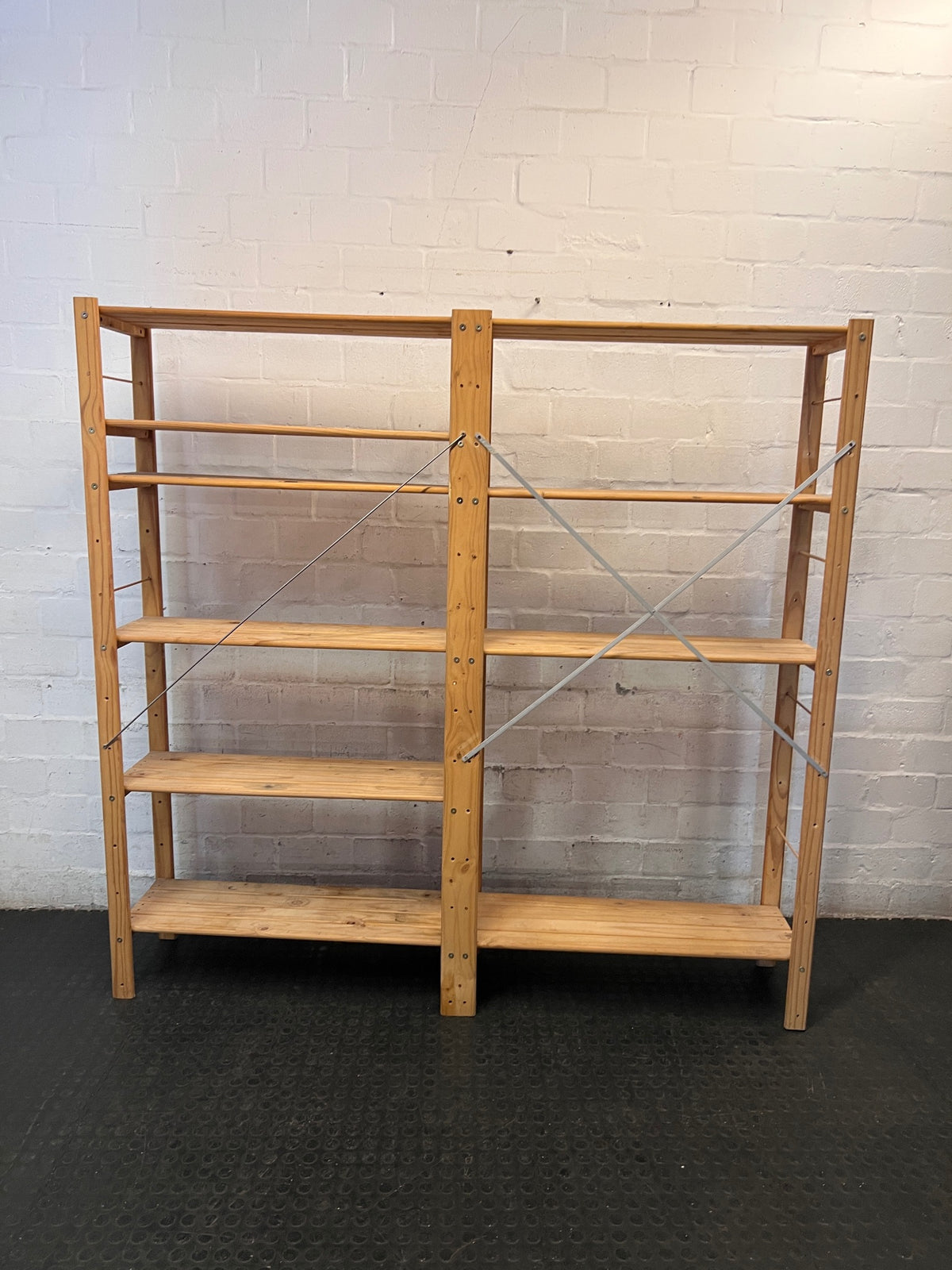 Wide Open-Frame Wooden Bookshelf with Metal Bracing — Fair Condition – condition detail