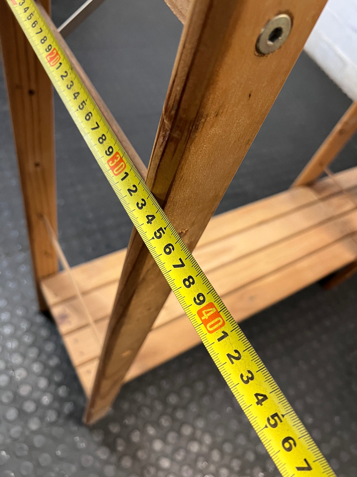 Wide Open-Frame Wooden Bookshelf with Metal Bracing — Fair Condition – depth measurement