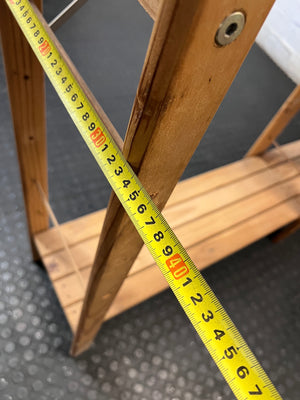 Wide Open-Frame Wooden Bookshelf with Metal Bracing — Fair Condition – depth measurement