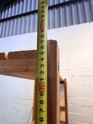 Wide Open-Frame Wooden Bookshelf with Metal Bracing — Fair Condition – height measurement