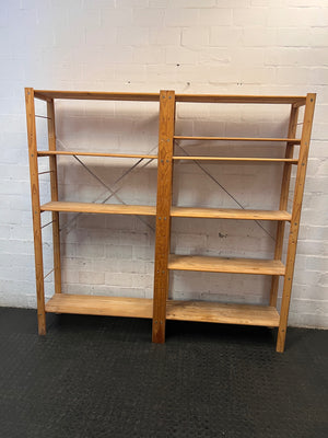 Wide Open-Frame Wooden Bookshelf with Metal Bracing — Fair Condition – main front view