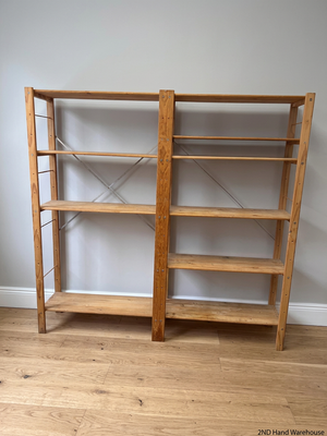 Wide Open-Frame Wooden Bookshelf with Metal Bracing — Fair Condition – styled product image