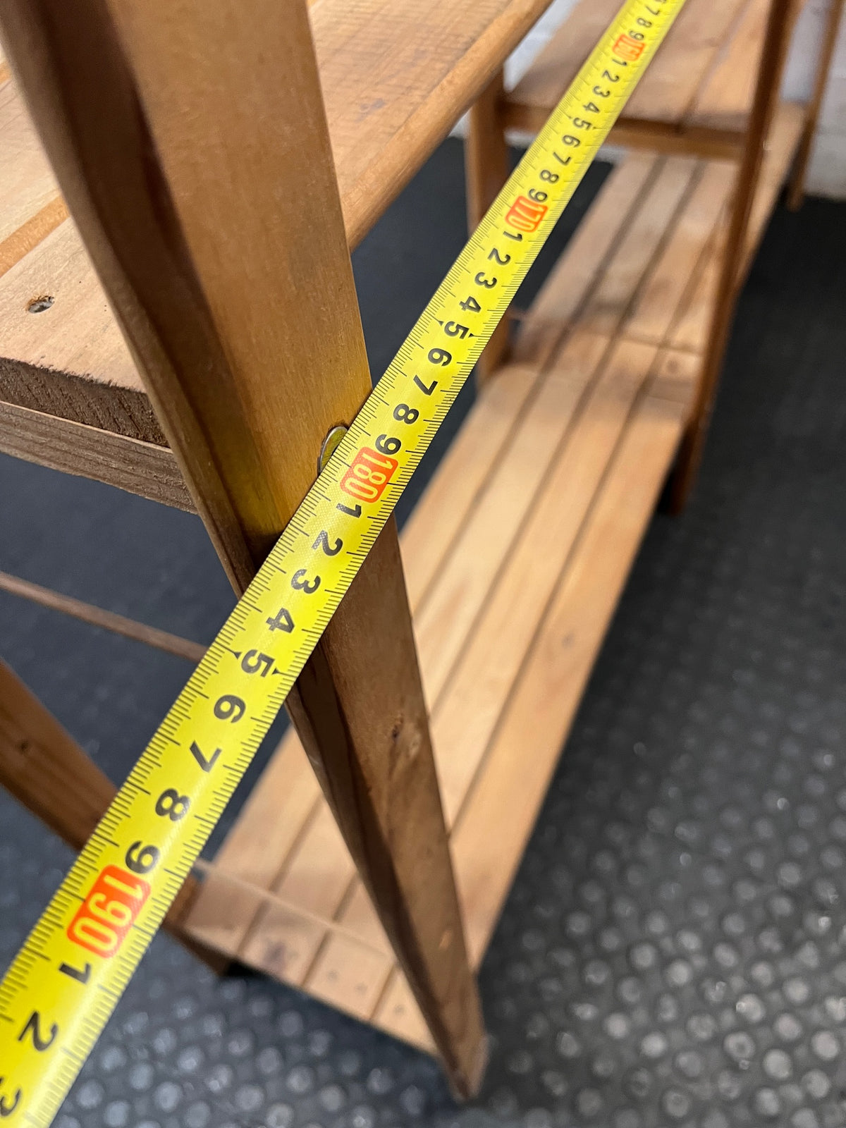 Wide Open-Frame Wooden Bookshelf with Metal Bracing — Fair Condition – width measurement