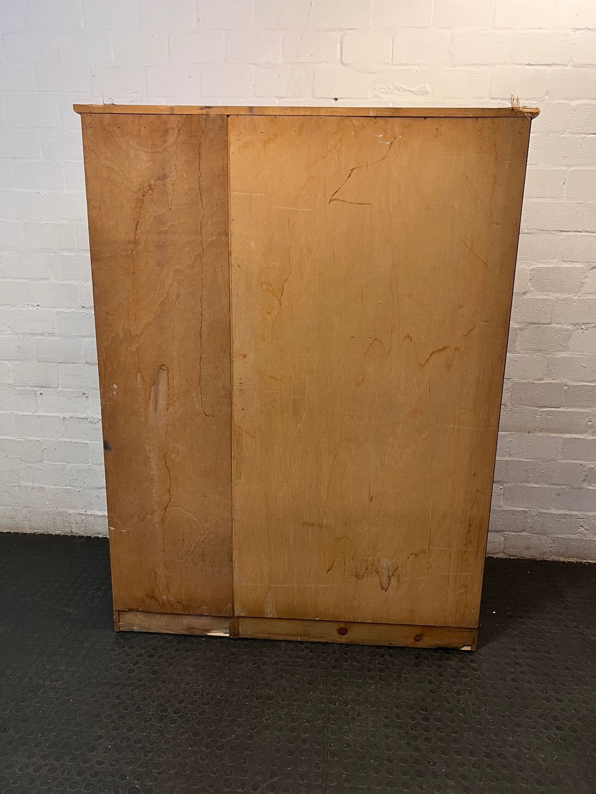 Three-Door Oregon Pine Wardrobe with Drawers — Very Good Condition – back view