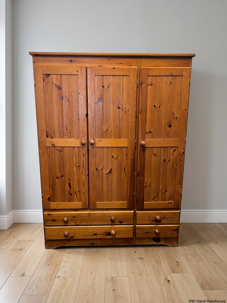 Three-Door Oregon Pine Wardrobe with Drawers — Very Good Condition – styled product image