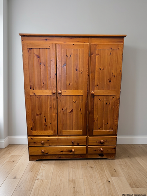 Three-Door Oregon Pine Wardrobe with Drawers — Very Good Condition – styled product image