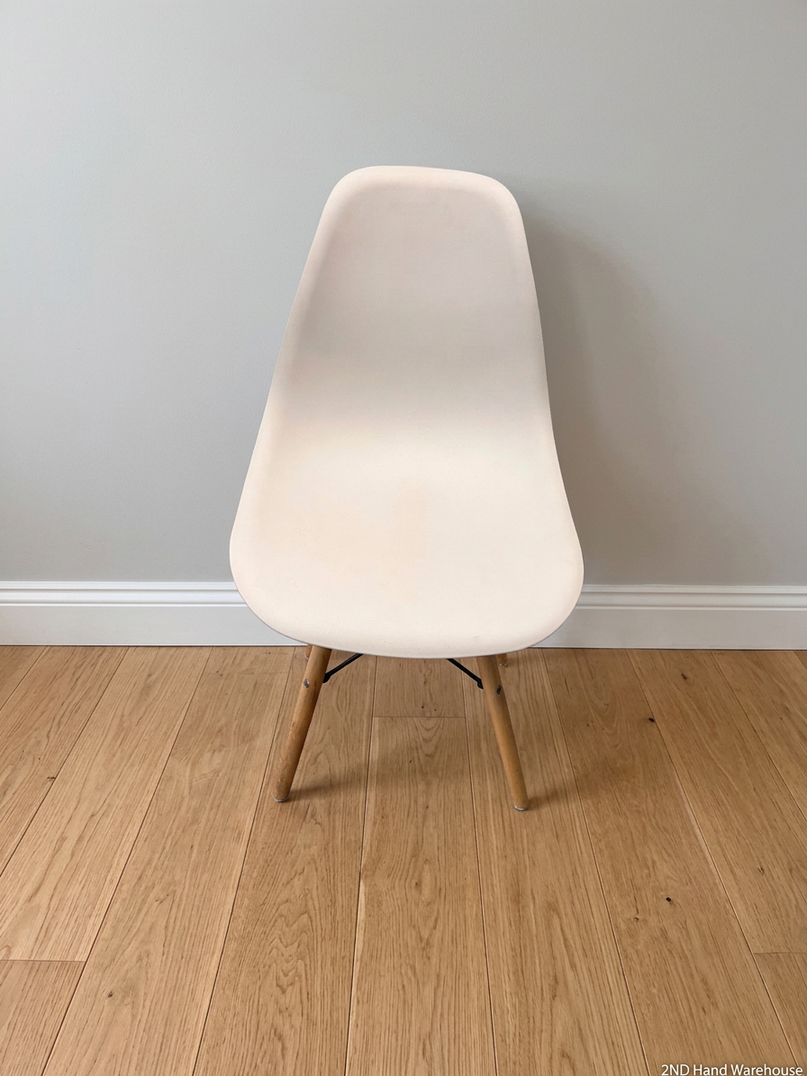 White Moulded Dining Chair with Wooden Legs — Good Working Order – styled product image