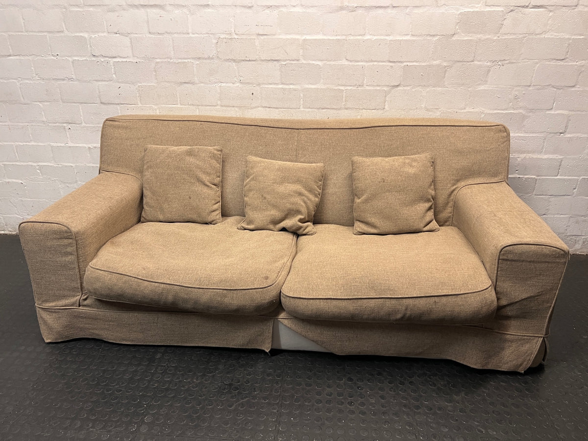Coricraft Kirsty Slipcover 3 Seater Couch — Flat Stuffing and Soiled Upholstery – main front view