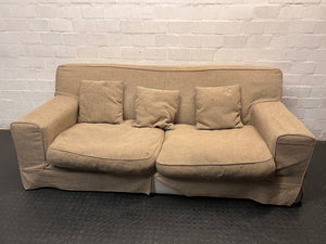 Coricraft Kirsty Slipcover 3 Seater Couch — Flat Stuffing and Soiled Upholstery – main front view
