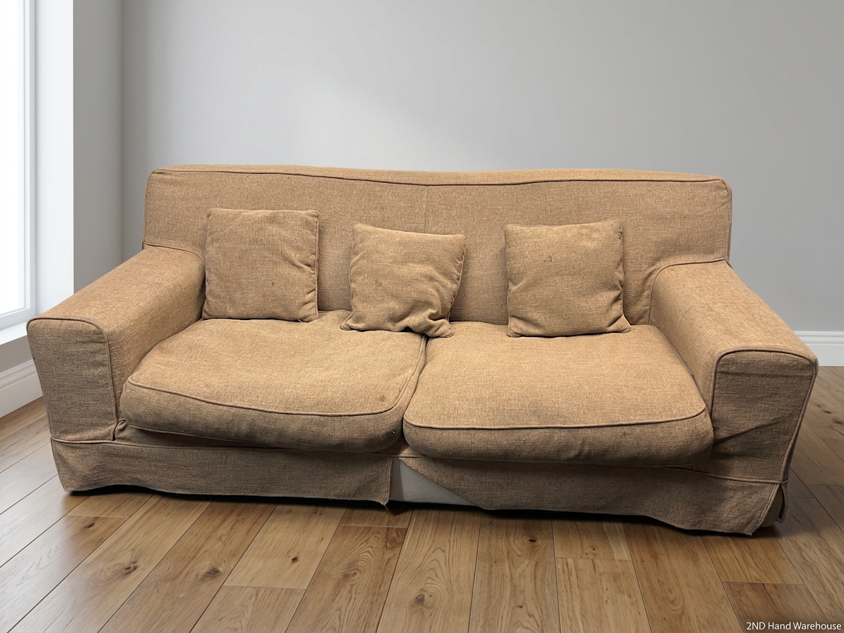 Coricraft Kirsty Slipcover 3 Seater Couch — Flat Stuffing and Soiled Upholstery – styled product image
