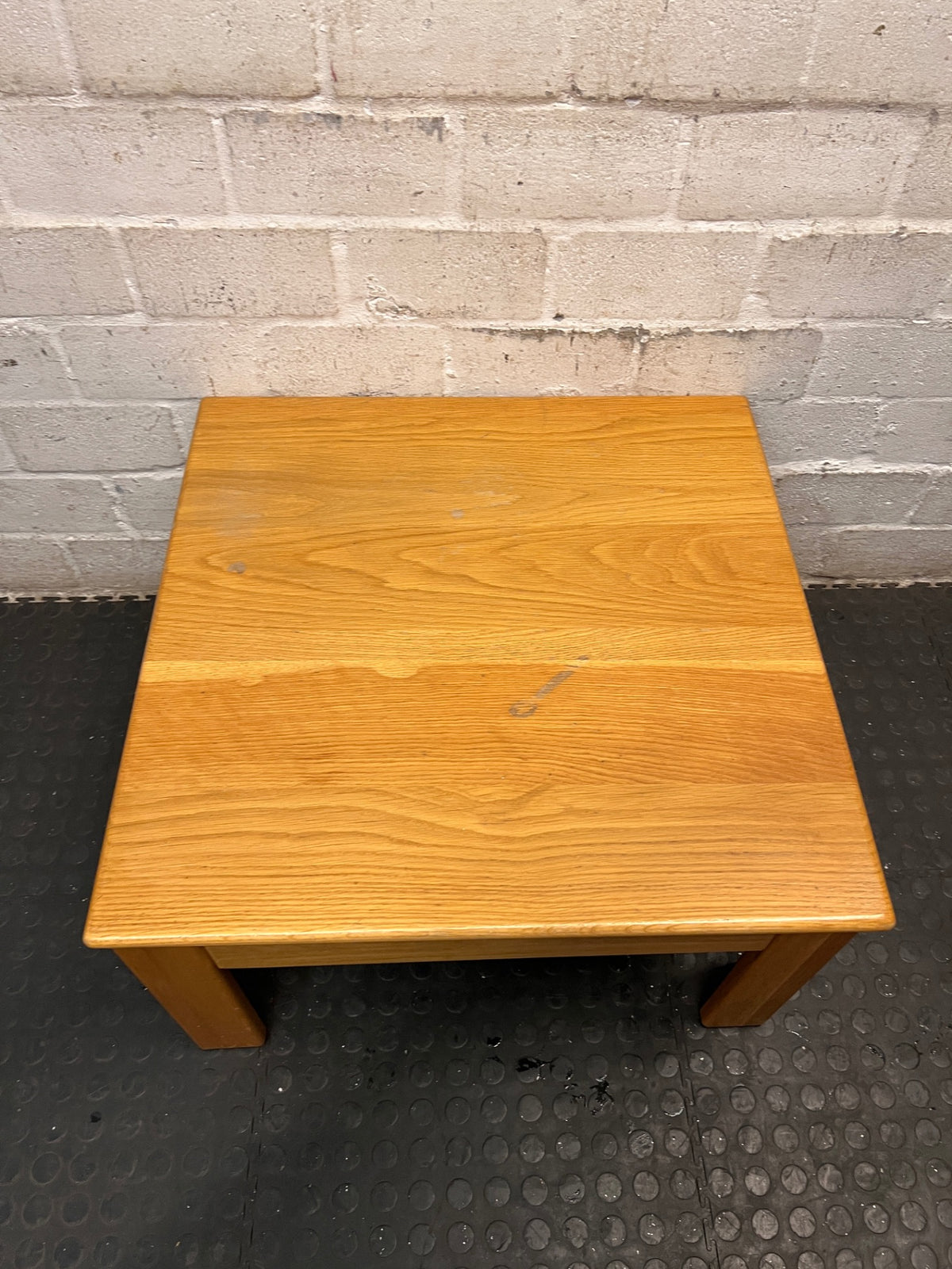 Square Oak Finish Coffee Table — Fair Condition with Visible Surface Wear – back view