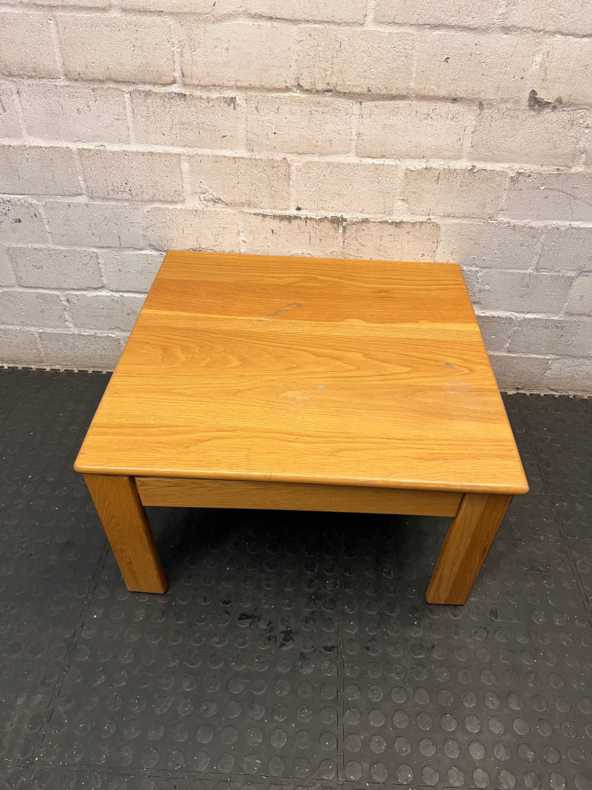 Square Oak Finish Coffee Table — Fair Condition with Visible Surface Wear – main front view