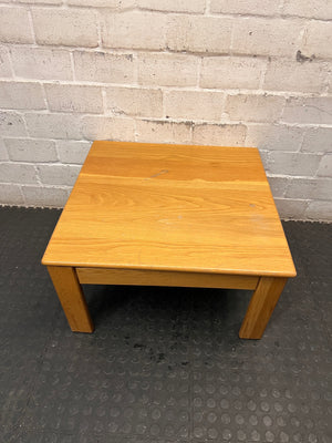 Square Oak Finish Coffee Table — Fair Condition with Visible Surface Wear – main front view