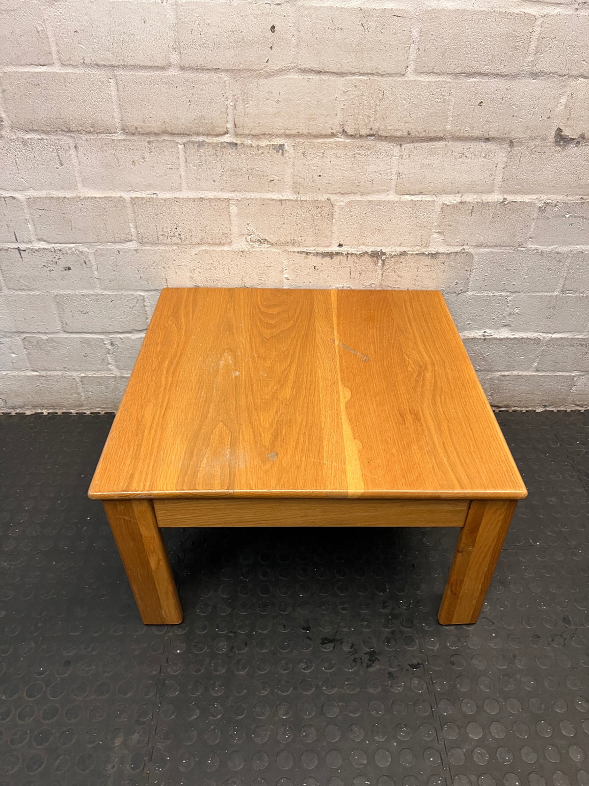 Square Oak Finish Coffee Table — Fair Condition with Visible Surface Wear – side view