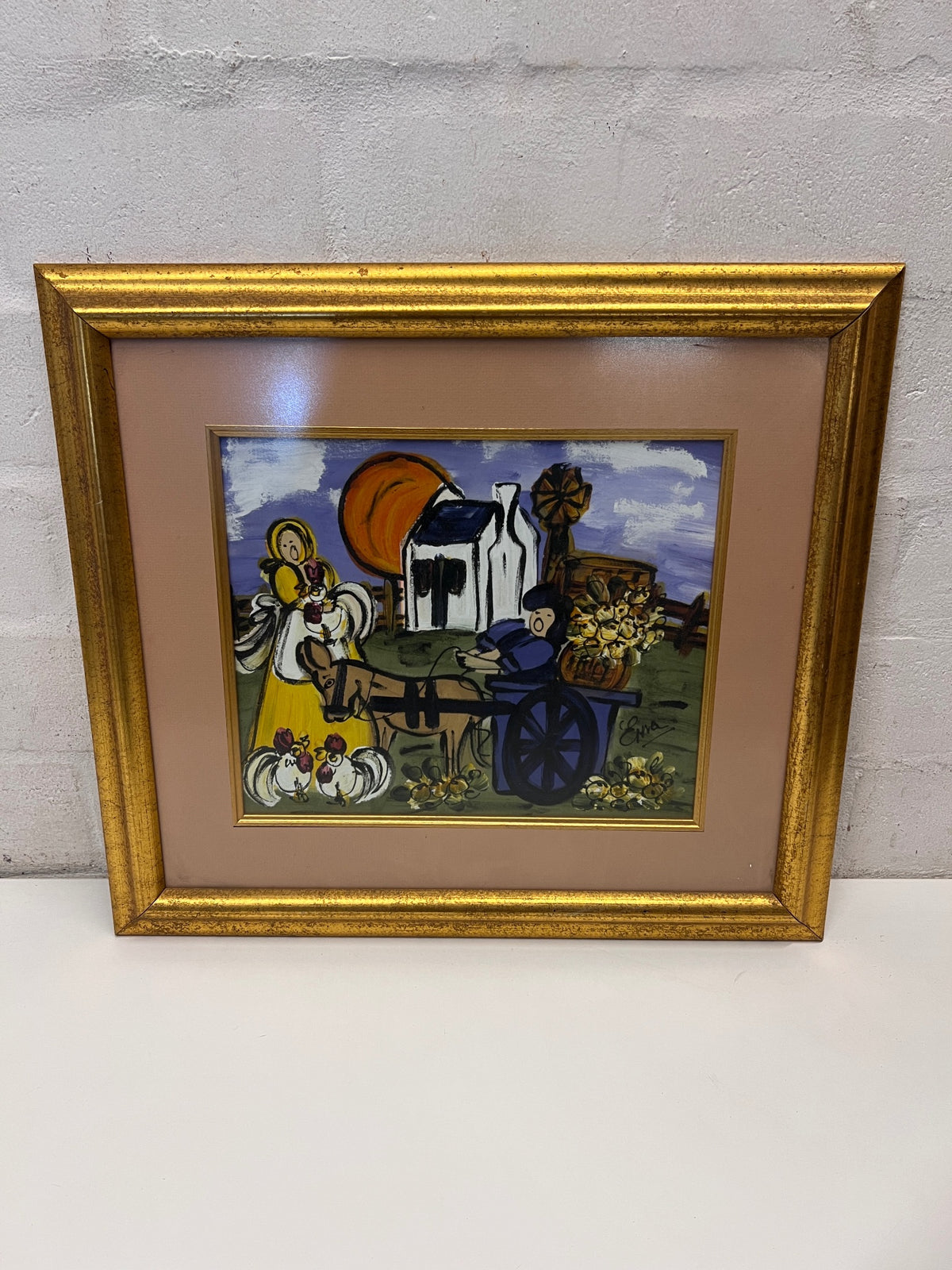 Framed Farm Scene Painting in Gold Frame — Good Condition – main front view