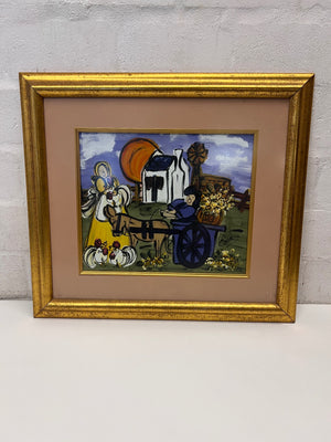 Framed Farm Scene Painting in Gold Frame — Good Condition – side view