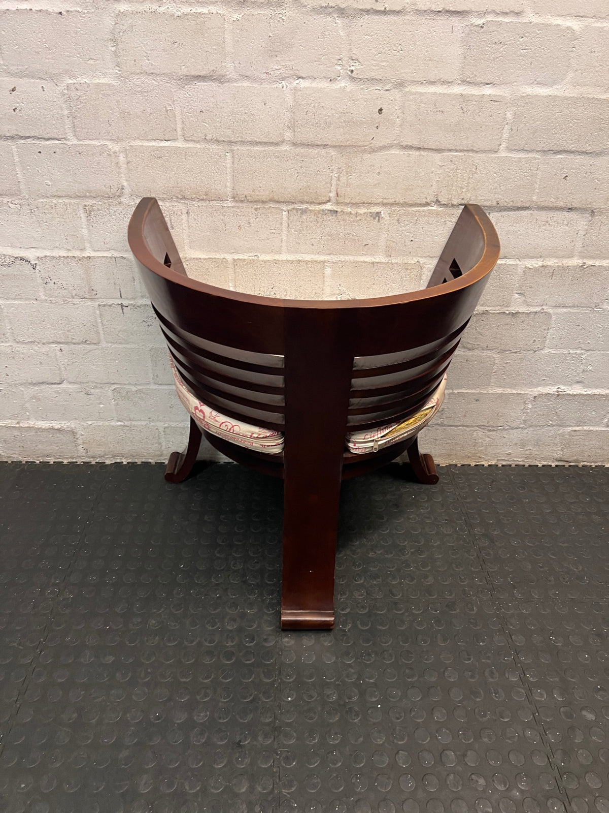 Dark Wood Bali Tub Chair with Scripted Cushion — Good Condition – back view