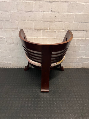 Dark Wood Bali Tub Chair with Scripted Cushion — Good Condition – back view