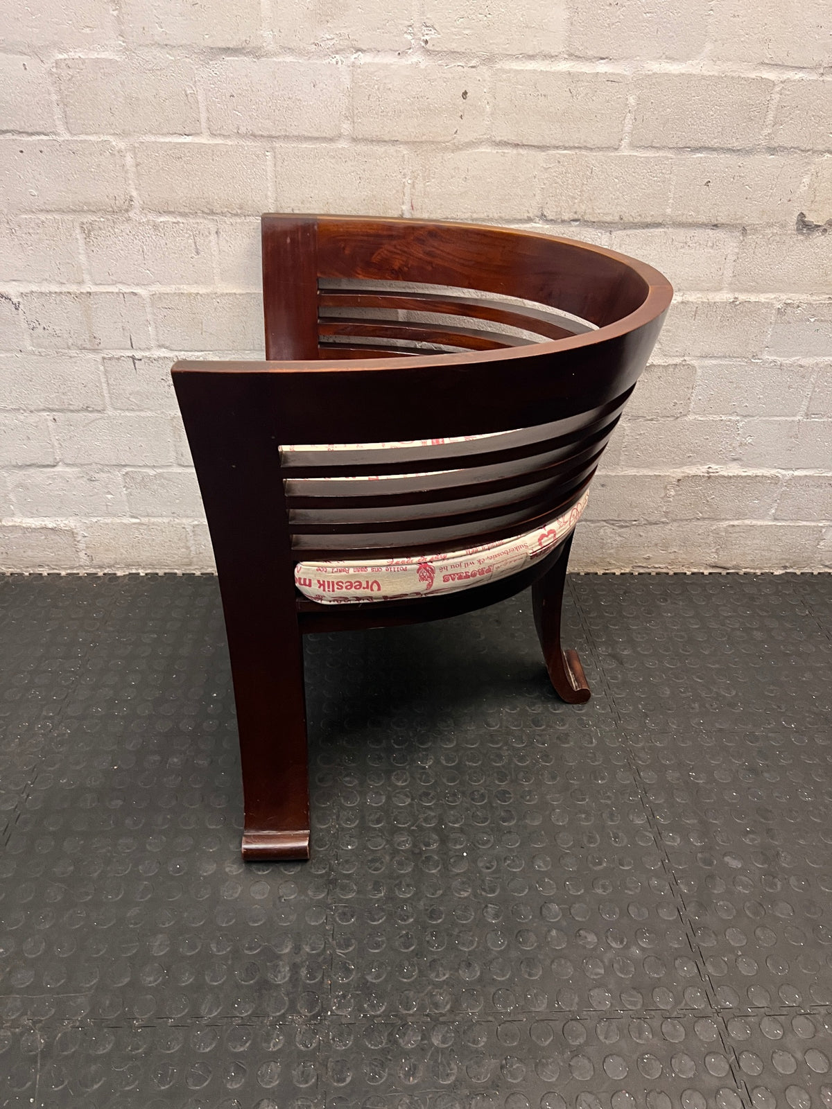 Dark Wood Bali Tub Chair with Scripted Cushion — Good Condition – condition detail