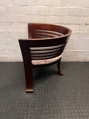 Dark Wood Bali Tub Chair with Scripted Cushion — Good Condition – condition detail