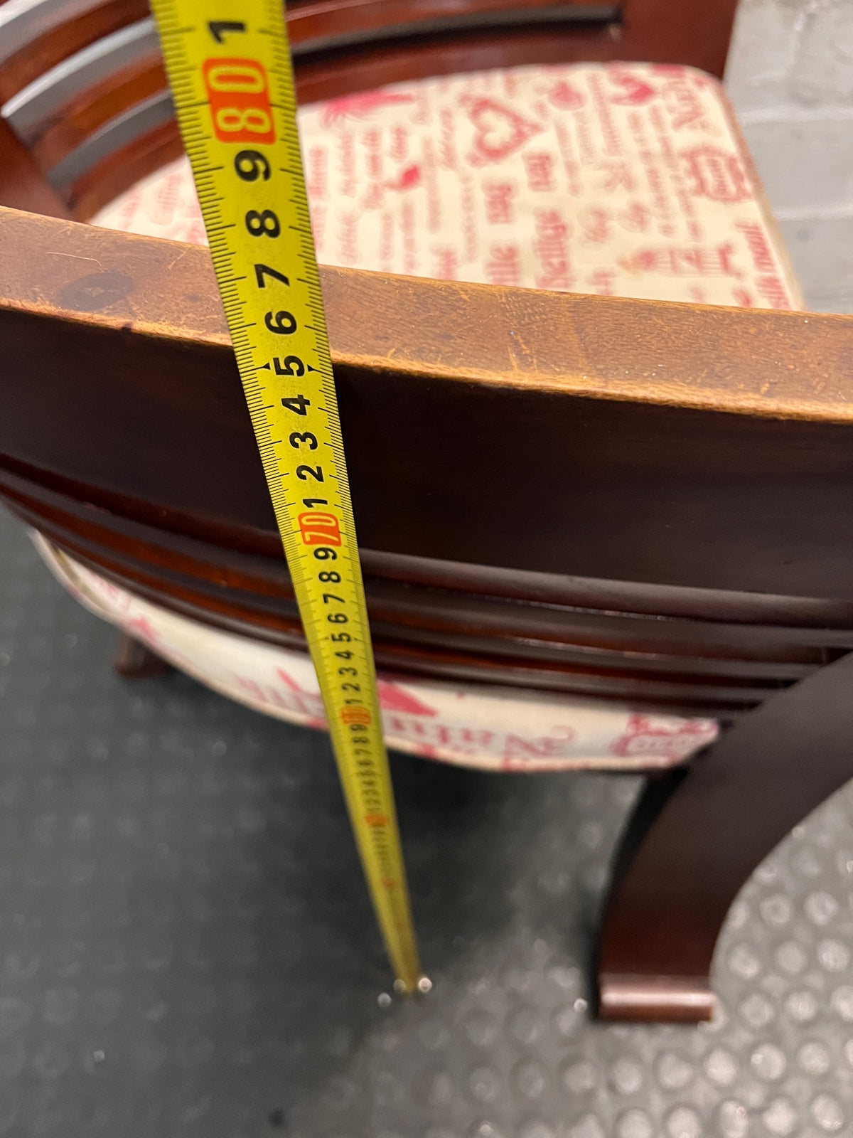 Dark Wood Bali Tub Chair with Scripted Cushion — Good Condition – height measurement