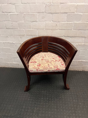 Dark Wood Bali Tub Chair with Scripted Cushion — Good Condition – main front view