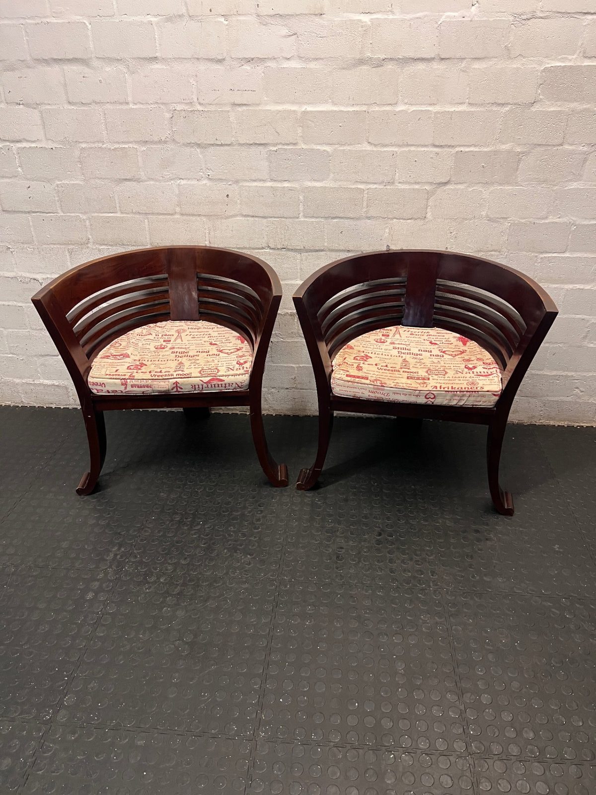 Dark Wood Bali Tub Chair with Scripted Cushion — Good Condition – side view