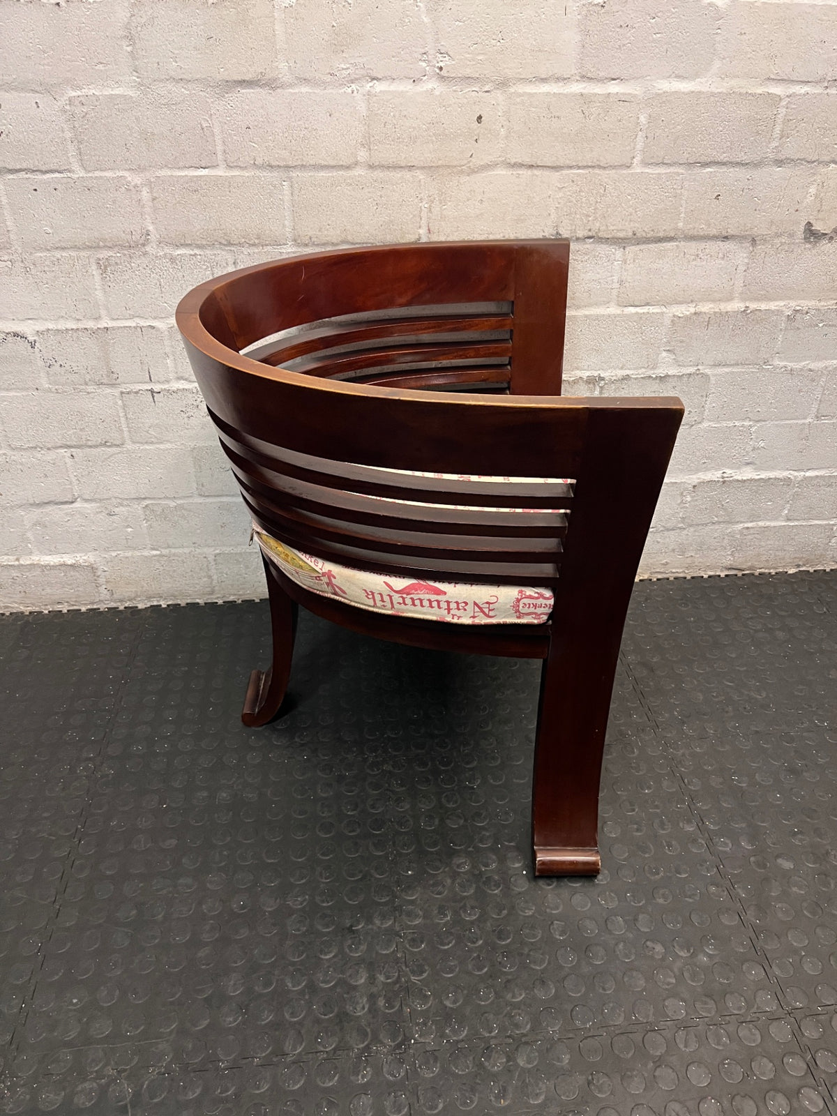 Dark Wood Bali Tub Chair with Scripted Cushion — Good Condition – top view
