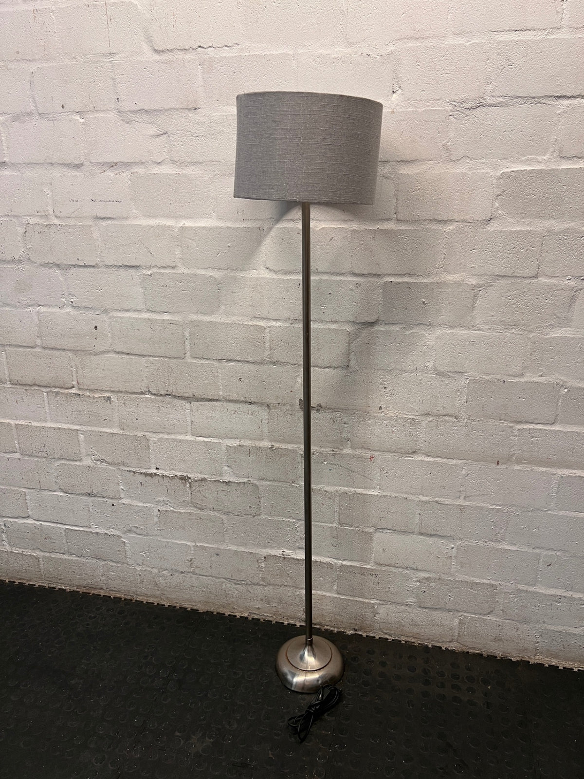 Modern Silver Standing Lamp with Grey Fabric Shade — Okay Condition – back view