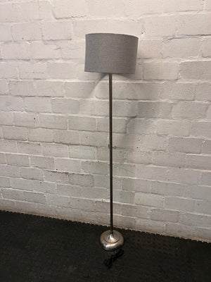 Modern Silver Standing Lamp with Grey Fabric Shade — Okay Condition – back view