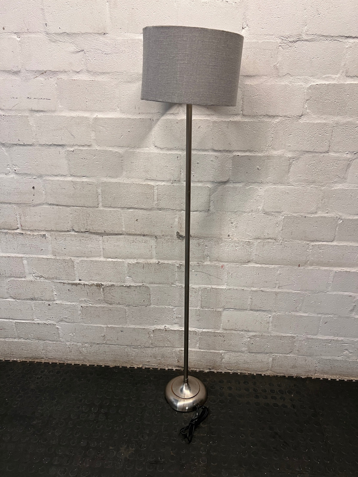 Modern Silver Standing Lamp with Grey Fabric Shade — Okay Condition – main front view