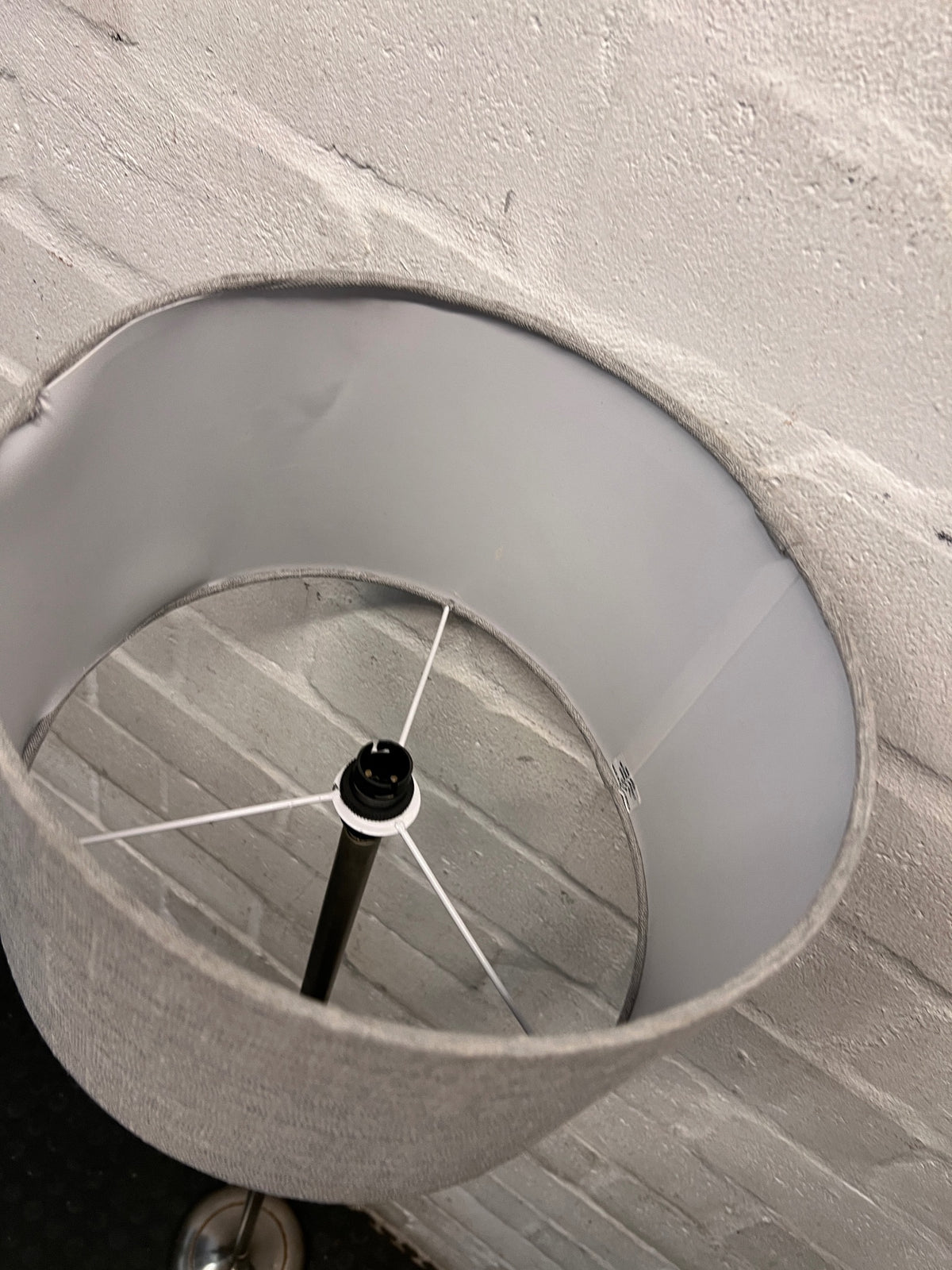 Modern Silver Standing Lamp with Grey Fabric Shade — Okay Condition – side view