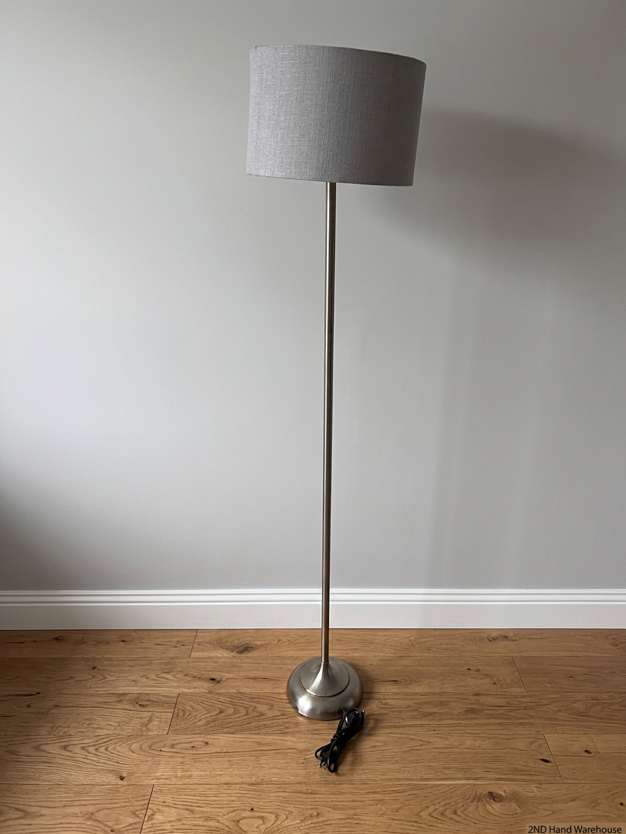 Modern Silver Standing Lamp with Grey Fabric Shade — Okay Condition – styled product image