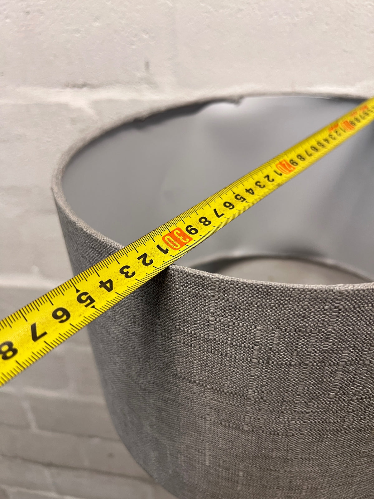 Modern Silver Standing Lamp with Grey Fabric Shade — Okay Condition – width measurement