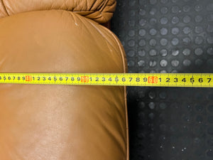 Tan Brown 2 Seater Couch with Carved Wooden Base — Good Condition – depth measurement