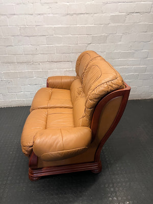 Tan Brown 2 Seater Couch with Carved Wooden Base — Good Condition – side view