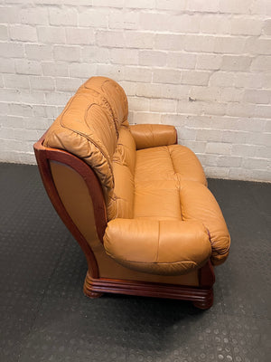 Tan Brown 2 Seater Couch with Carved Wooden Base — Good Condition – top view