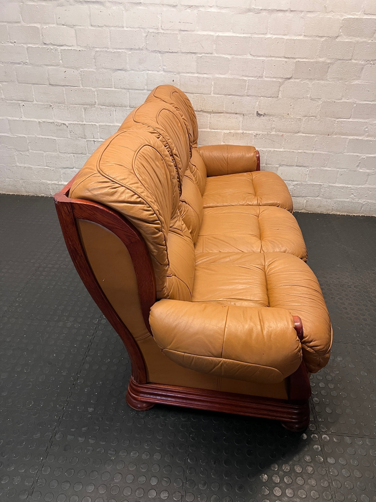 3 Seater Tan Brown Leather Couch with Wood Detail — Good Working Order – back view