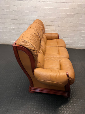 3 Seater Tan Brown Leather Couch with Wood Detail — Good Working Order – back view