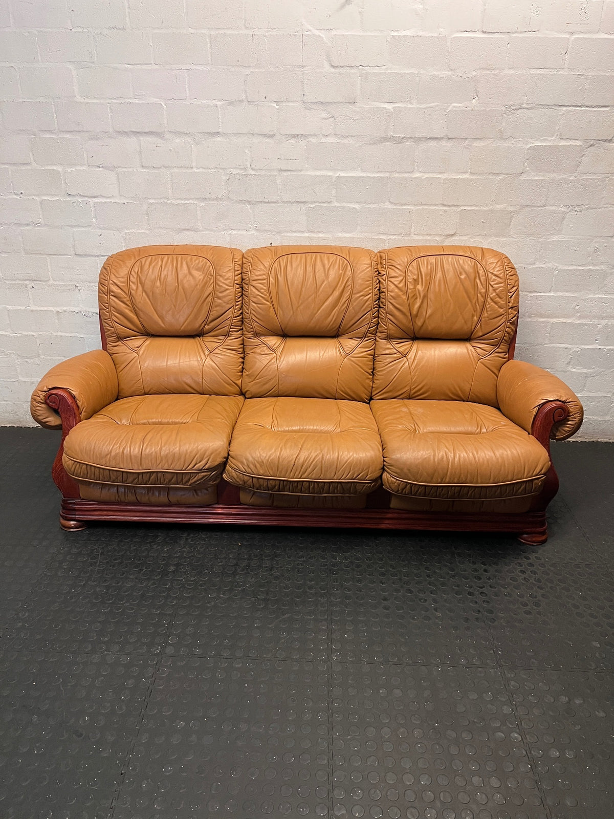 3 Seater Tan Brown Leather Couch with Wood Detail — Good Working Order – main front view